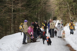 Bild 2: Kurzer Halt unterwegs - alle stehen auf dem vereisten Waldweg – rechts und links tiefer Schnee